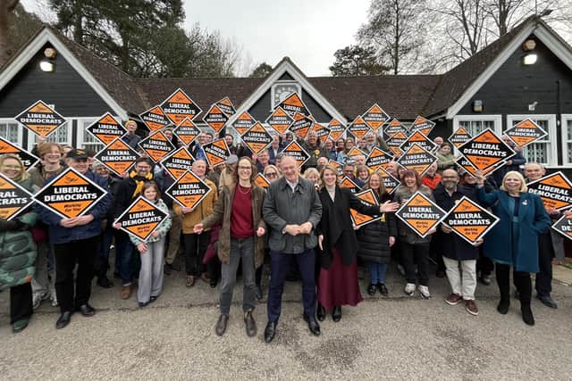 Liberal Democrat leader Sir Ed Davey with Mid Sussex MP Alison Bennett, Chichester MP Jess Brown-Fuller and supporters at Haywards Heath Cricket Club.