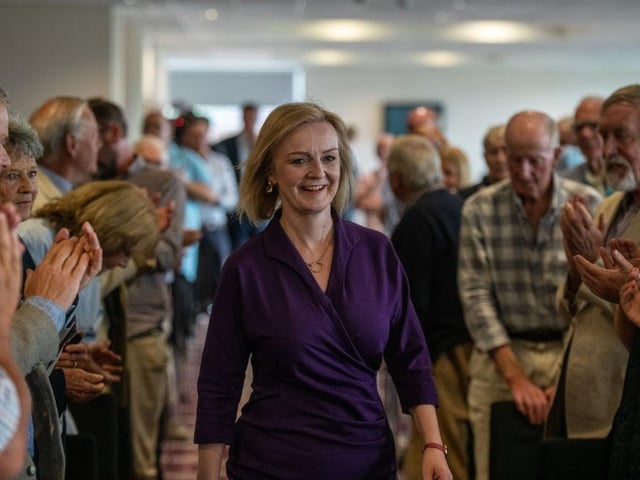 Liz Truss at Fontwell Park Racecourse as part of her leadership campaign earlier this summer (Photo by Chris J Ratcliffe/Getty Images)