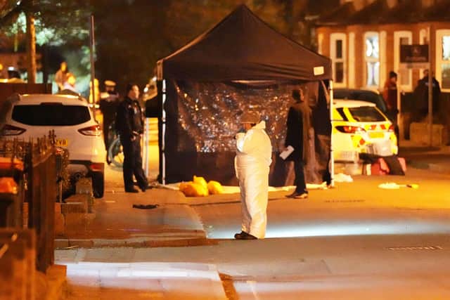 Forensics set up a tent in East Park, Crawley after a teenager was stabbed to death