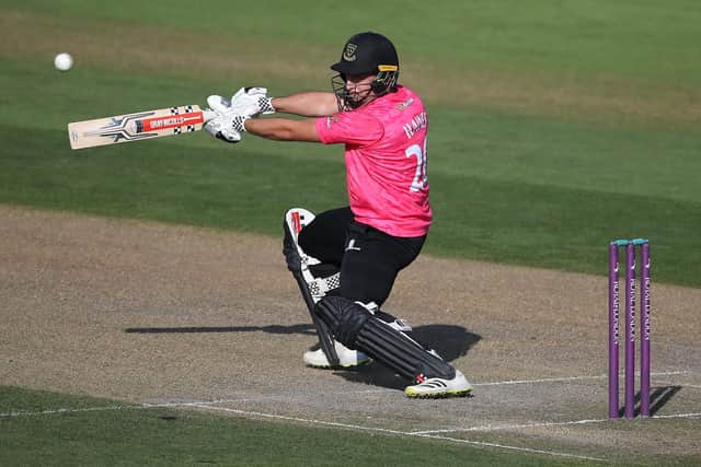 Tom Haines of Sussex Sharks plays a shot during the One Day Cup semi final vs Lancashire Lightning at The 1st Central County Ground in 2022 (Photo by Steve Bardens/Getty Images)