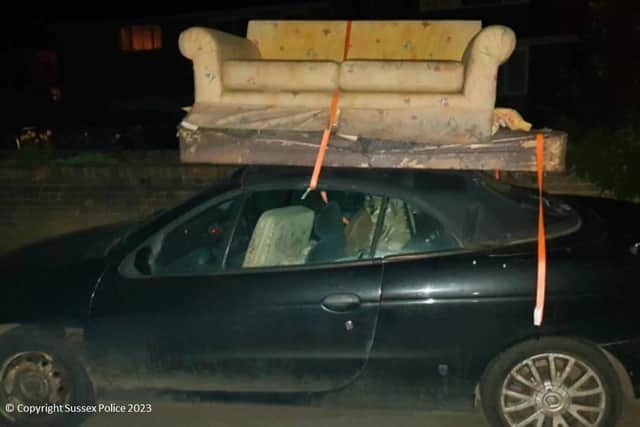 Sussex Police said that Matthew Dummer, 34, from Stedham loaded the furniture and a mattress onto the roof of a Renault coupe in April 2021