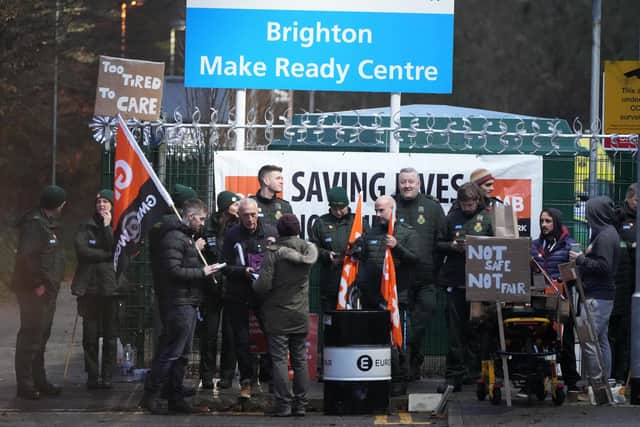 Ambulance staff rallied outside Brighton ambulance station on Elm Grove. Photo: Eddie Mitchell