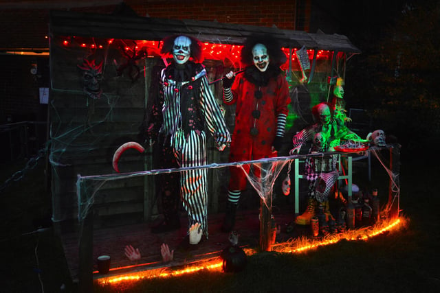 Halloween House in Ponswood Road, St Leonards. L-R  Elijah Hawkins (Chuckles) and Kelton Hawkins (Giggles).