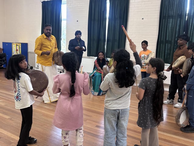 Children and adults came together in Crawley to discover the powerful rhythms of Parai, a traditional Tamil drumming art form, at a community workshop organised by Aurvi Collective