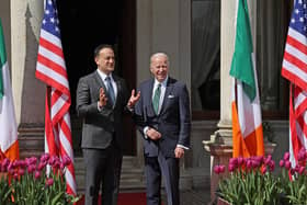 DUBLIN, IRELAND - APRIL 13: In this handout image provided by the Irish Government, US President Joe Biden is greeted by Irish Taoiseach Leo Varadkar at Farmleigh House, Phoenix Park on April 13, 2023 in Dublin, Ireland. US President Joe Biden has travelled to Northern Ireland and Ireland with his sister Valerie Biden Owens and son Hunter Biden to explore his family's Irish heritage and mark the 25th Anniversary of the Good Friday Peace Agreement. (Photo by Julien Behal/Irish Government via Getty Images)