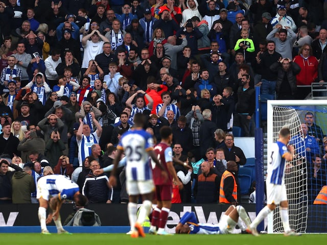 BRIGHTON, ENGLAND - NOVEMBER 13: Fans of Brighton & Hove Albion react during the Premier League match between Brighton & Hove Albion and Aston Villa at American Express Community Stadium on November 13, 2022 in Brighton, England. (Photo by Christopher Lee/Getty Images)