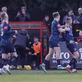 Harvey Sparks (right) celebrates his stunning equaliser in Horsham's draw at Isthmian Premier leaders Hornchurch. Picture by John Lines