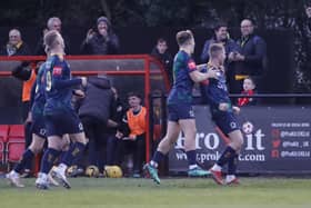 Harvey Sparks (right) celebrates his stunning equaliser in Horsham's draw at Isthmian Premier leaders Hornchurch. Picture by John Lines