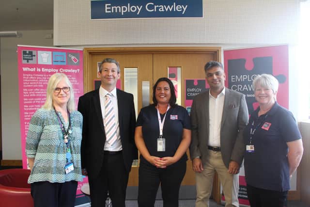Gill Burch (WSCC Crawley Library manager), Councillor Duncan Crow (West Sussex County Council Cabinet Member for Community Support, Fire and Rescue), AnaMaria Maddock (Partnership and Operations Manager, Employ Crawley), Councillor Atif Nawaz (Cabinet member for Planning and Economic Development at Crawley Borough Council) and Tracy Phillips, Employ Crawley.