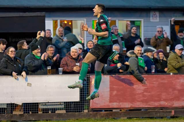 Martyn Box celebrates his late penalty - a winner - for Burgess Hill Town v Horndean | Picture: Chris Neal