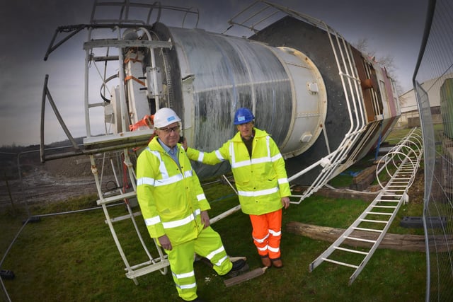 The Lantern Tower from the Royal Sovereign Lighthouse pictured at Ibstock, Bexhill, which is where it's being stored. 
L-R: Gordon Smith (Trustee, Vice-Chair and Press and Marketing Bexhill Maritime) and Raymond Konyn (Trustee, Founder and Chair of Bexhill Maritime).