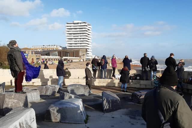 Joe Bunn, Bard of Worthing, left, leads Scream at the Sea 2022 at Splash Point in Worthing