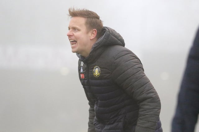 Gainsborough Trinity manager Tom Shaw shouts of instructions.
