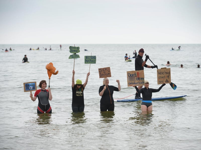 Surfers Against Sewage Paddle-Out protest in Hastings on May 18 2024.