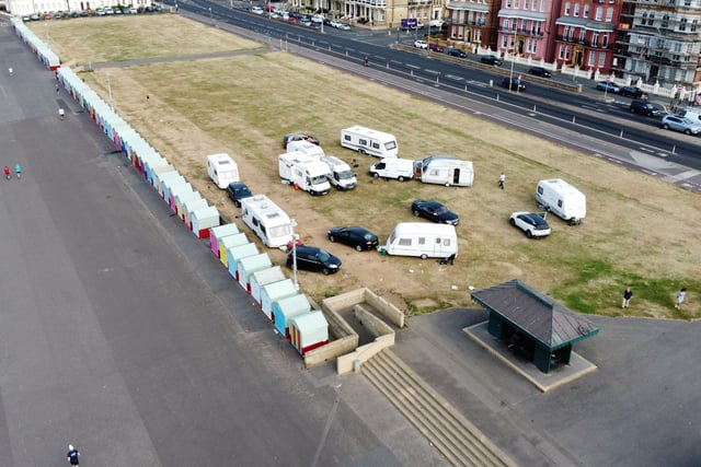 These aerial photographs show caravans and several other vehicles on Hove Lawns