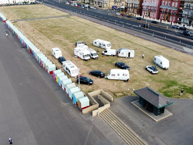 These aerial photographs show caravans and several other vehicles on Hove Lawns