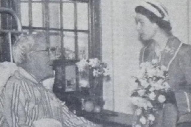 Princess Elizabeth chatting with Mr E.A. Meem, a patient at Courtlands Recovery Hospital in Worthing