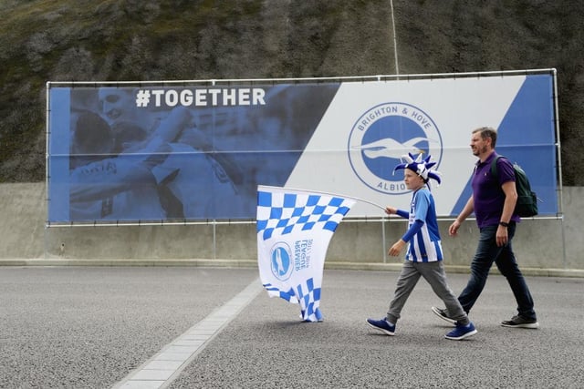 Fans arrive at the stadium prior to the Premier League match between Brighton and Hove Albion and West Bromwich Albion at Amex Stadium on September 9, 2017.