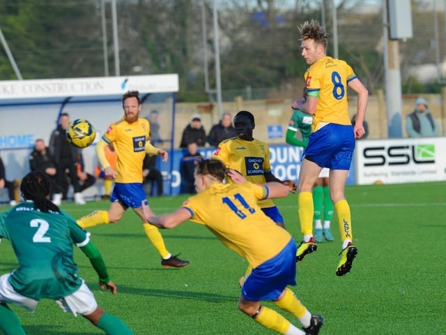 Action from Lancing's 3-2 win over Ashford United on Saturday. Picture by Stephen Goodger