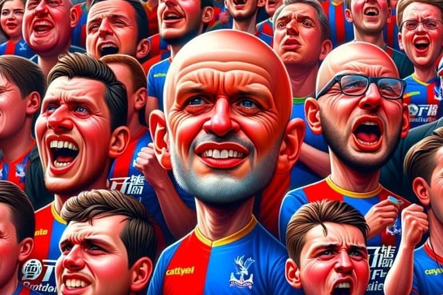 The fans, in the team's red and blue colors, show natural yet pronounced expressions of passion and resilience. In the stadium, they're portrayed as vibrant and vocal, with some holding banners or engaging in chants, capturing the dynamic and fervent spirit of Crystal Palace's fanbase