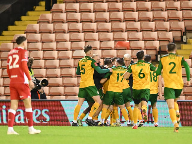 Tom Richards of Horsham celebrates his goal to make it 3-3 during the Emirates FA Cup First Round match between Barnsley and Horsham at Oakwell Stadium.
