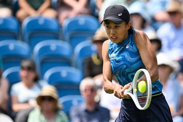 China's Zhang Shuai returns to Britain's Harriet Dart during their women's singles round of 32 tennis match at the Rothesay Eastbourne International tennis tournament in Eastbourne, southern England, on June 26, 2023. (Photo by Glyn KIRK / AFP) (Photo by GLYN KIRK/AFP via Getty Images):Action from Monday's play at the Rothesay tennis international at Devonshire Park, Eastbourne