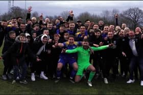 Peacehaven and Telsocmbe's players, staff and fans celebrate the FA Vase win at Harefield | Picture: Stanley Bernard for P&TFC