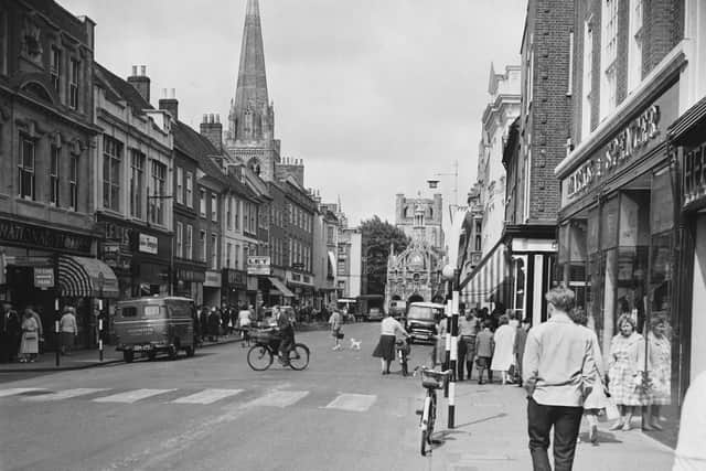 East Street, with Chichester Cross in the background, in July 1962. Photo by Evening Standard/Hulton Archive/Getty Images