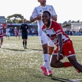 Shiloh Remy celebrates netting for Eastbourne Borough during the 2023-24 campaign. Picture by Lydia Redman
