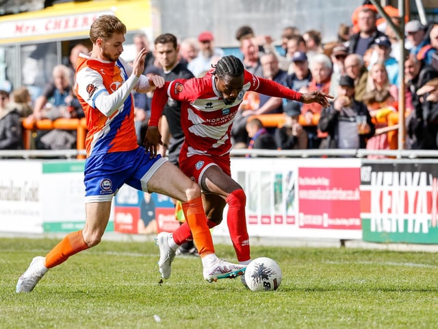 Action from Eastbourne Borough's final-day 3-2 win at Braintree - the Sports have stayed up with six points to spare