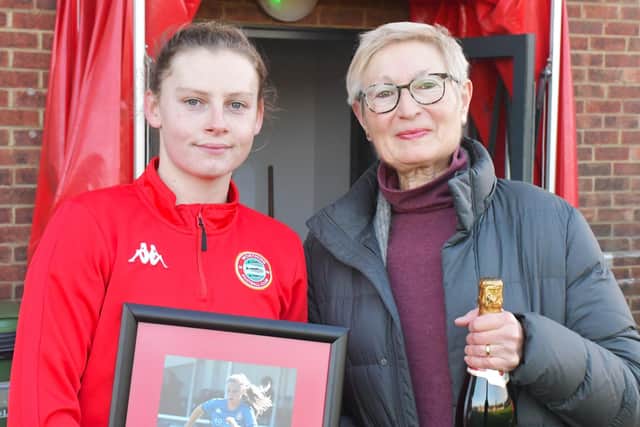 Worthing FC Women's Carol Joy presents the 100 apearance award to Sophie Humphrey | Picture: One Rebels View