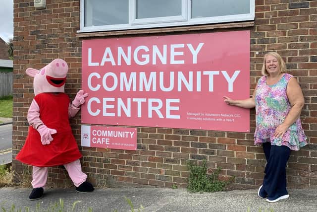 Helen Burton and Peppa Pig at Langney Community Larder