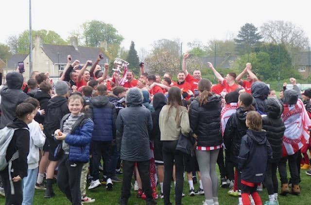 Steyning's players and fans celebrate the title and promotion | Picture: Steyning Town FC