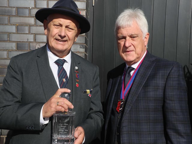Hastings Week 2022. Opening Ceremony. Photo by Roberts Photographic.
Nigel Hogben, left, ex chairman of Hastings Week from 2011 - 2021 presented with an engraved decanter from new chairman Reg Wood.