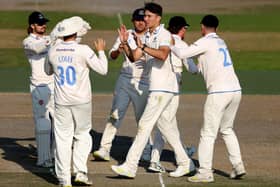 Ari Karvelas of Sussex is congratulated after dismissing Matthew Waite of Worcestershire during the second innings of the LV= Insurance County Championship Division 2 match at The 1st Central County Ground (Photo by Warren Little/Getty Images)