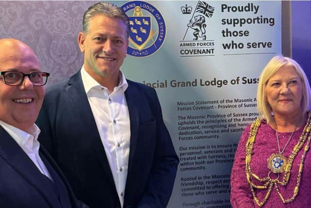 Pictured here from left to right Deputy Provincial Grand Master Tony Flint, Provincial Grand Master Neil Austin and Mayor of Brighton & Hove City Council Amanda Grimshaw.