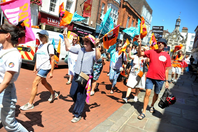 The National Education Union held a march and rally past the Secretary of State for Education’s Office in Chichester and on to County Hall. SR2307072 Photo by S Robards/Sussex World