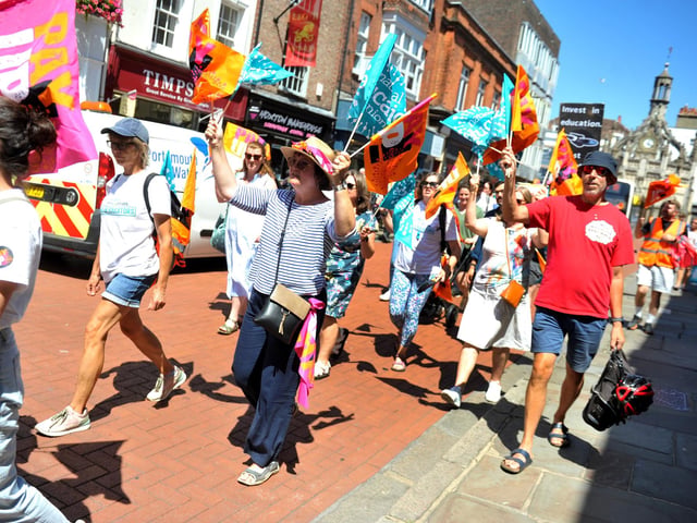 The National Education Union held a march and rally past the Secretary of State for Education’s Office in Chichester and on to County Hall. SR2307072 Photo by S Robards/Sussex World