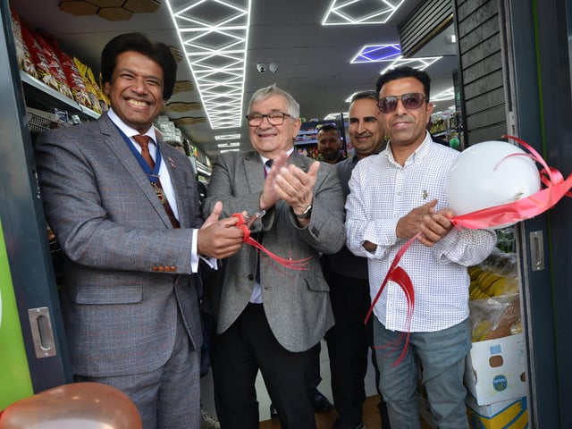 The opening of Madina Halal Shop in Silverhill, St Leonards on May 19 2025.
L-R: Abul Azad, vice chairman of East Sussex County Council; Nigel Sinden, deputy mayor of Hastings, and shop owner Dullshad Khedher.