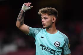 Jack Spong of Brighton & Hove Albion prepares to take a corner-kick during the Premier League 2 match between Arsenal U23 and Brighton & Hove Albion U23 at Emirates Stadium on October 01, 2021 in London, England. (Photo by Alex Burstow/Getty Images)
