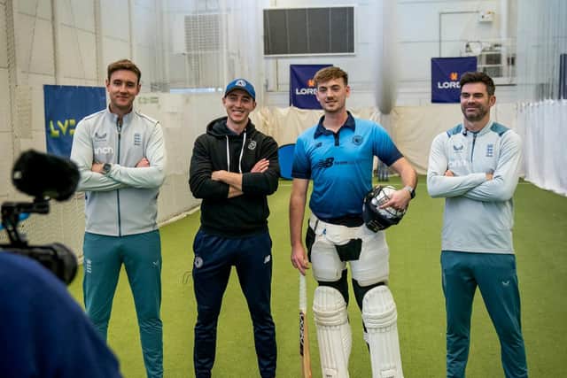 Toby Marriott and Jack Meacher with James Anderson and Stuart Broad.  Picture Courtesy of Toby Marriott / SWNS