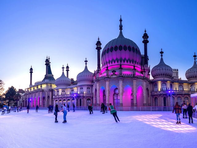 The ever-popular Brighton Pavilion ice-rink opened this week, for the tenth year in succession and this year, the rink is entirely wind and solar-powered. The attraction will be open to the public until January 19.
The huge main rink offers plenty of space for more confident skaters and the separate beginners’ rink with penguin skate aids, provides a safe area for younger skaters to build their confidence. For those looking to just sit back and soak up the festive atmosphere, there’s no charge for spectating from the rink-side Bar &mp; Kitchen or outdoor spectator areas.
Tickets cost from £12 for full price tickets (aged 12 and over), £9 for juniors (under 12) and the 45 minute skate times run from 10am to 10pm daily. The box office is open from 9.30am and visitors are strongly advised to book tickets in advance to be sure of their skating slot.