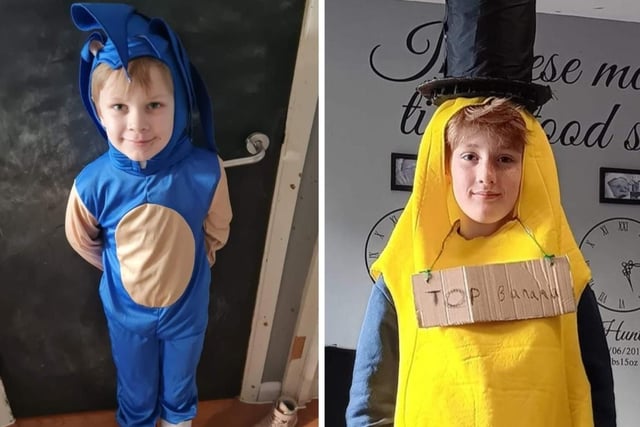Sabrina Rose sent in this picture of Archie, 11, dressed as Top Banana and Hunter, six, as Sonic the Hedgehog