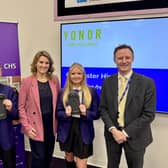 Meeting Chichester MP Jess Brown-Fuller at Chichester High School Phone Free Showcase. L-R: Harry (year 9 student), Jess Brown-Fuller MP, Scarlett (Year 9 student), Dr. Nick Taylor (Co-Headteacher)