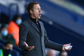 Brighton's manager Graham Potter shouts instructions to his players from the touchline during the English Premier League football match between West Bromwich Albion and Brighton and Hove Albion.