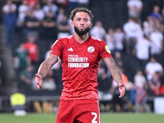 Crawley Town defender Kellan Gordon (2) celebrates victory during the EFL Sky Bet League 2 play-off second leg match between Milton Keynes Dons and Crawley Town at stadium:mk, Milton Keynes, England on 11 May 2024.:Crawley Town hammered MK Dons 5-1 - and 8-1 on aggregate - to reach the League Two play-off final Wembley. Photographer Dennis Goodwin/Pro Sport Images was there to catch the action, the crowd and the celebrations