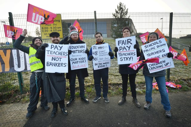 NEU pickets outside Hastings Academy on March 2 2023.