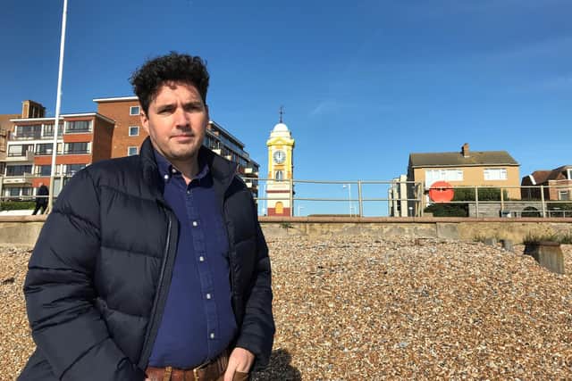 Huw Merriman on Bexhill beach at site of discharge pipes