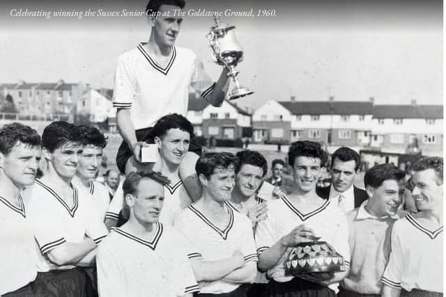 Eddie and his United team-mates with the Sussex Senior Cup at the Goldstone Ground in 1960 |  | Picture via EUFC