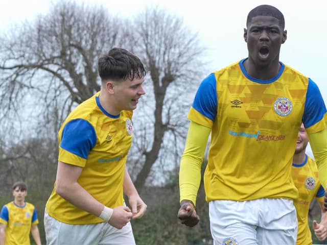 Town's Delwin Duah roars in celebration after scoring his second against Midhurst | Picture: Josh Claxton